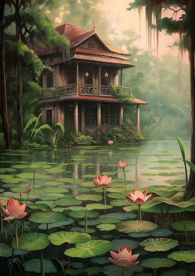 绿色热带雨林中池塘荷叶古典建筑房屋楼阁插画,插画/手绘图,插画/手绘图库,插画/手绘图下载,插画/手绘